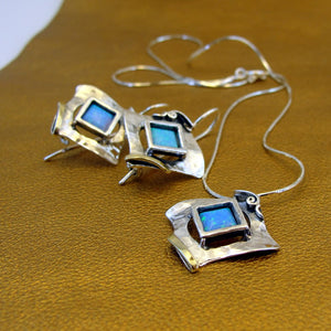 Hadar Designers Blue Opal Earrings Pendant Set Handmade 9k Gold 925 Silver (MS