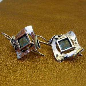 Hadar Designers blue topaz cz earrings 9k gold 925 silver handmade (MS 351)
