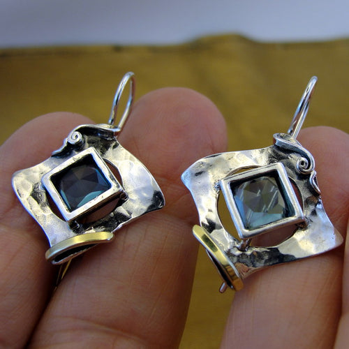 Hadar Designers blue topaz cz earrings 9k gold 925 silver handmade (MS 351)
