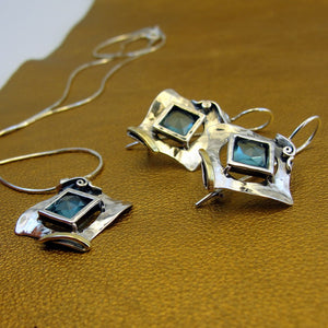 Hadar Designers blue topaz cz earrings 9k gold 925 silver handmade (MS 351)