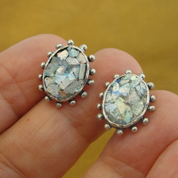 Roman Glass Stud Earrings 925 Sterling Silver Oval Handmade Hadar Designers  (ASY