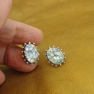 Hadar Designers 925 Sterling Silver Roman Glass Oval Stud Earrings Handmade (ASY
