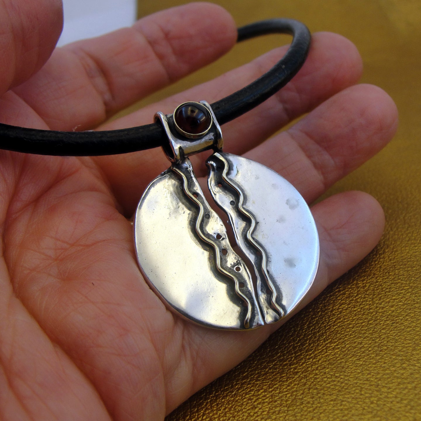 Hadar Designers Black Leather Garnet 925 Silver Pendant Handmade Sophisticated(H