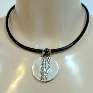 Hadar Designers Black Leather Garnet 925 Silver Pendant Handmade Sophisticated(H