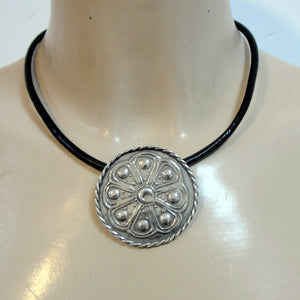 Hadar Designers Black Leather Sterling Silver Pendant Handmade Sophisticated (H