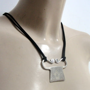 Hadar Designers Black Leather Pendant 925 Sterling Silver Handmade Artistic (H