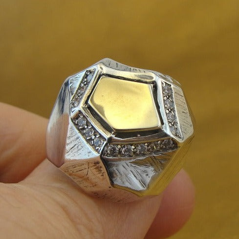 Hadar Designers Yellow Gold 925 Silver White Zircon Ring 7,8,9 Handmade (MS)Y
