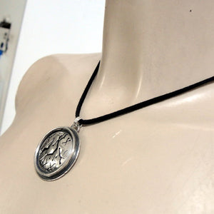 Hadar Designers Black Leather 925 Sterling Silver Pendant Handmade "WILD" Art (H
