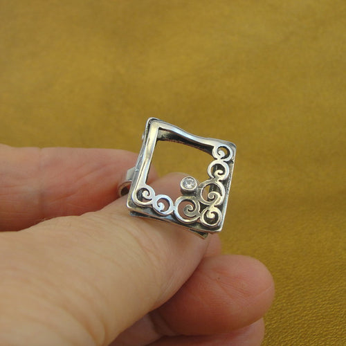 Hadar Designers Filigree Handmade Sterling Silver Zircon Ring sz 7.5,8, 8.5 (MsY