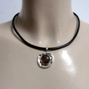 Hadar Designers Black Leather Amber 925 Silver Pendant Handmade Sophisticated (H