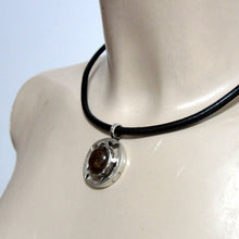Load image into Gallery viewer, Hadar Designers Black Leather Amber 925 Silver Pendant Handmade Sophisticated (H