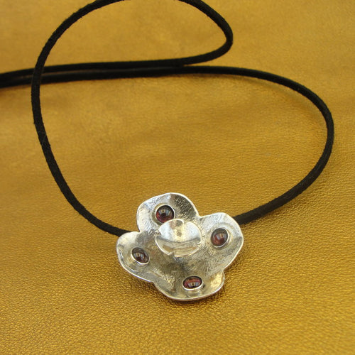 Hadar Designers Black Leather Red Garnet 925 Sterling Silver Pendant Handmade (H