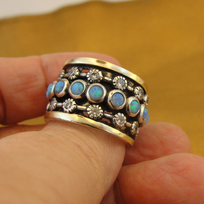 Hadar Designers 9k Yellow Gold Sterling Silver Zircon Opal Ring sz 7.5, 8 Handmade (sn) Y