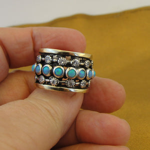Hadar Designers 9k Yellow Gold Sterling Silver Zircon Opal Ring sz 7.5, 8 Handmade (sn) Y