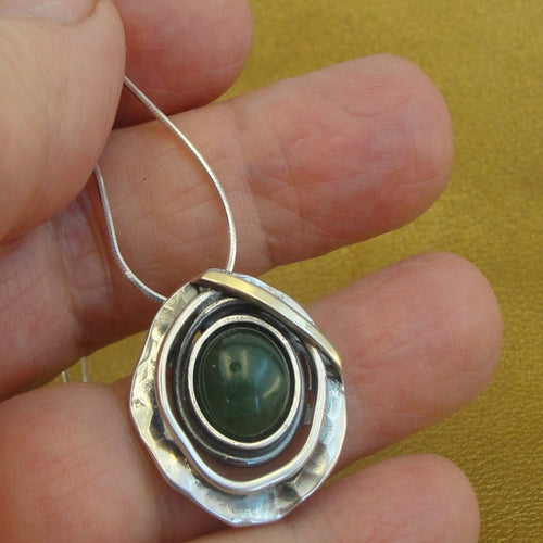 Hadar Designers 9k Yellow Gold 925 Silver Green Agate Pendant Art Handmade (MS)Y