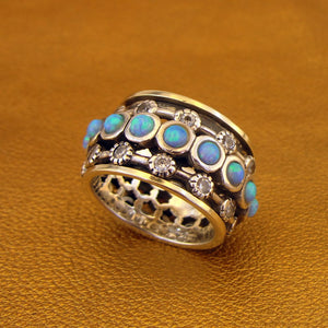 Opal Swivel Ring 9k Gold Sterling Silver CZ  6.5,7 Handmade Hadar Designers  (sn)Y