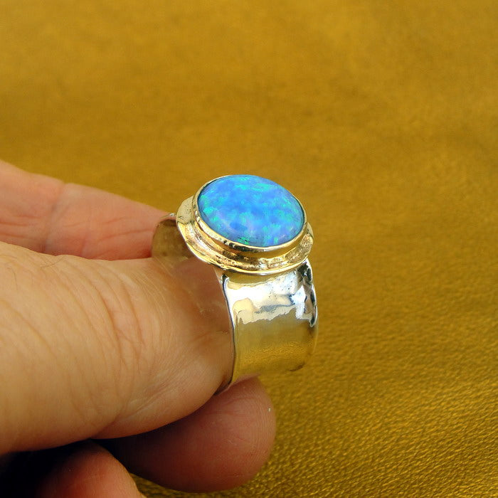 Hadar Designers Handmade 9k Yellow Gold 925 Silver Opal Ring 6,7,8