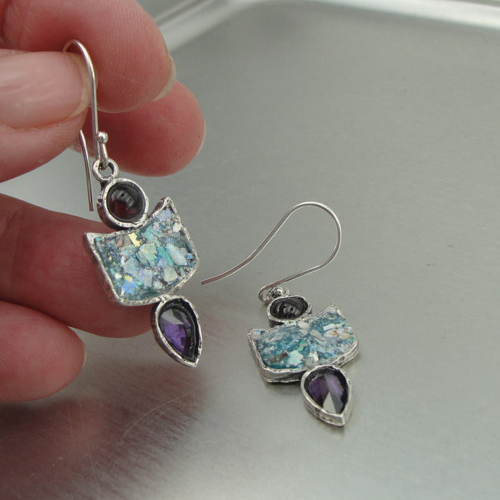 Roman glass amethyst earrings 925 sterling silver cz handmade Hadar Designers(as