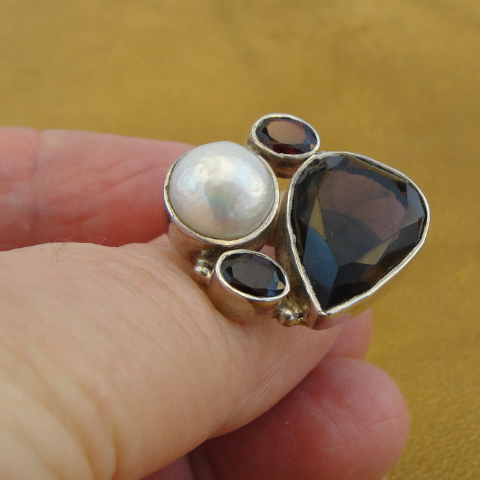 Hadar Designers Pearl Garnet Smoky Ring Sterling Silver Statement 7,7.5,8,8.5()y