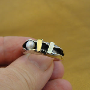 Hadar Designers Pearl Ring 7,7.5, Wild Handmade 9k Yellow Gold 925 Silver ()LAST
