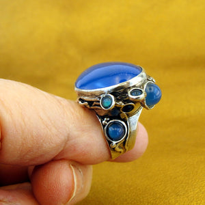 Hadar Designers Blue Agate Ring Handmade 925 Silver size 7,8,8.5,9,10 (H 102b)Y