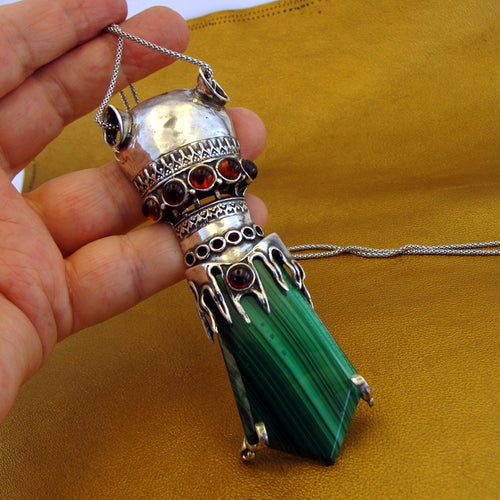 Hadar Designers HUGE Dramatic Handmade 925 Silver Garnet Chrysocolla Pendant H