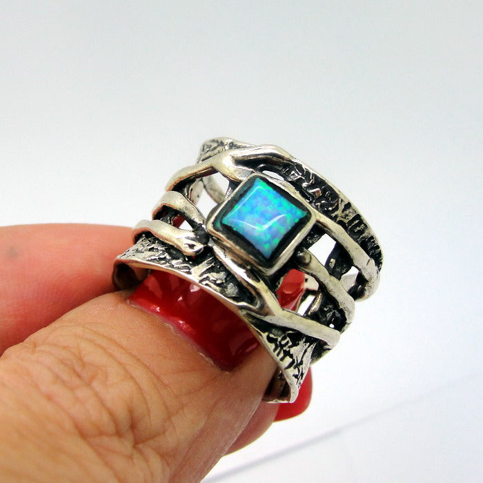 Hadar Designers Blue Opal Sterling Silver Ring sz 7, 7.5 Handmade ()LAST