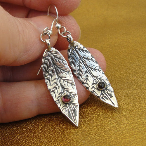 Hadar Designers Sterling 925 Silver Red Garnet Leaf Earrings Handmade (H) SALE