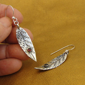 Hadar Designers Sterling 925 Silver Red Garnet Leaf Earrings Handmade (H) SALE