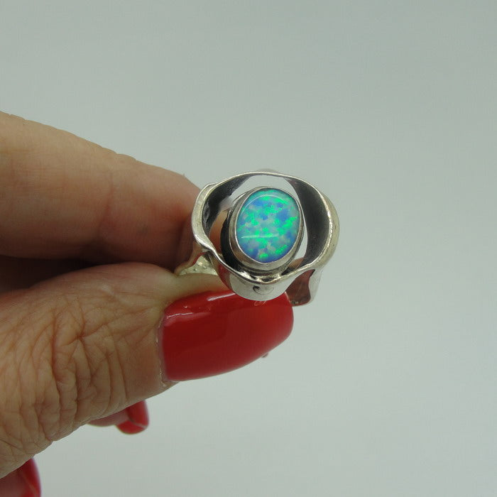 Hadar Designers Blue Opal Ring 6, 6.5 Handmade 925 Sterling Silver (H) y