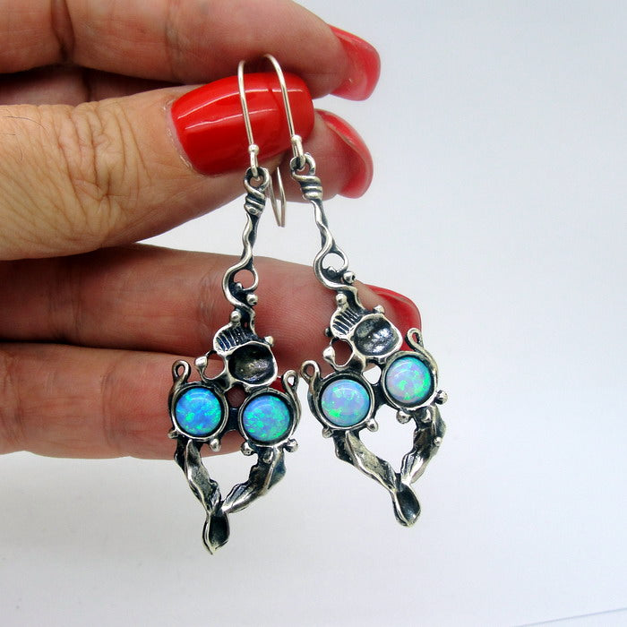 Hadar Designers Blue Opal Earrings Handmade Drop Dangle Sterling Silver (H) SALE