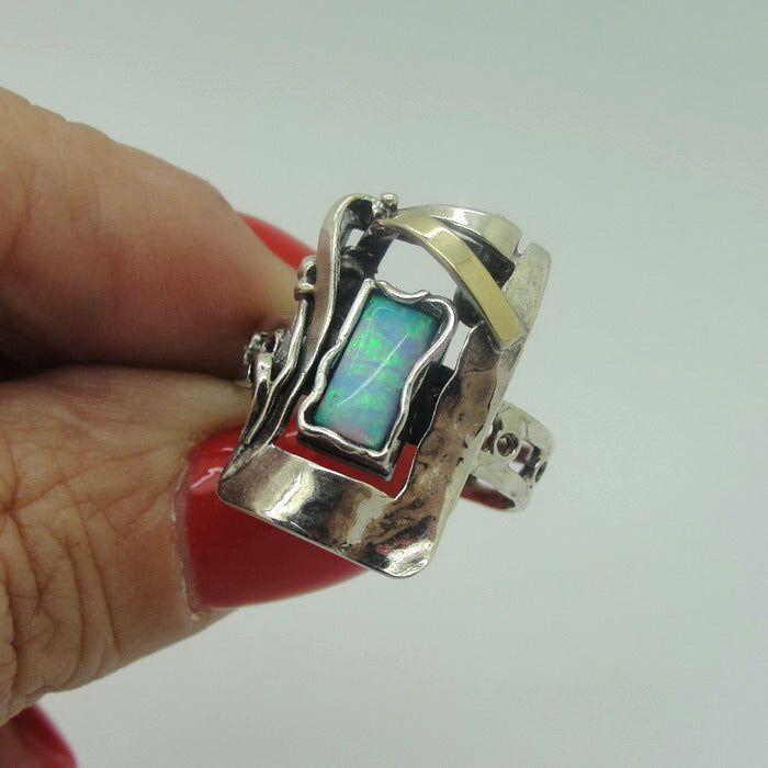 Mosaic Opal Sterling Silver and 9K Gold Artistic Ring