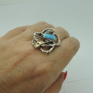 Hadar Designers Blue Opal Ring Handmade 9k Yellow Gold 925 Silver 8.5,9 (msY