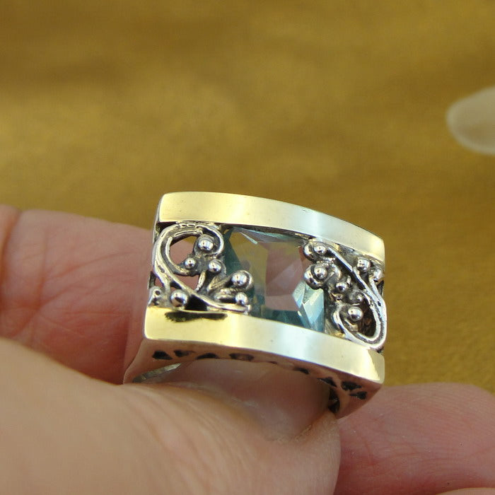 Blue Topaz Z Ring 9k Yellow Gold 925 Silver  4.5,5,5.5 Handmade Hadar Designers  (S)y