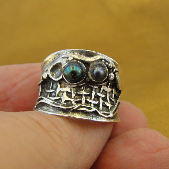 Hadar Designers Black Pearl Ring size 7,7.5 Handmade 925 Sterling Silver (H)Y