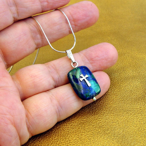 Hadar Designers Cross Pendant Sterling Silver Blue Green Moreno Glass () LAST