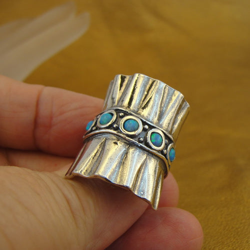 Hadar Designers Blue Opal Wide Ring 7,7.5,8 Handmade 925 Sterling Silver (H)SALE