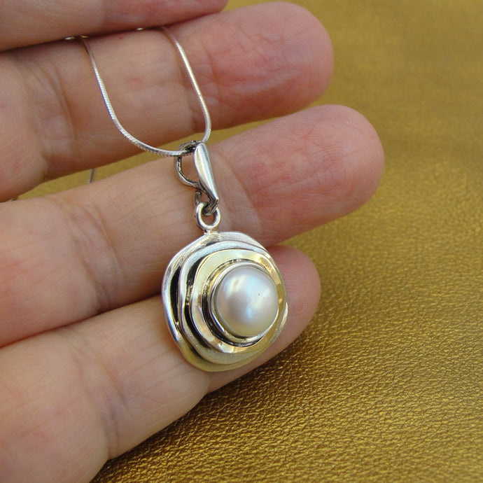 Hadar Designers 9k Yellow Gold Sterling Silver Pearl Pendant Handmade (ms) SALE
