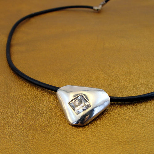 Hadar Designers Black Leather 925 Sterling Silver White Zircon Pendant (H) SALE