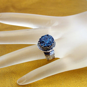 Hadar Designers Blue Druzy Filigree Ring size 5.5,6,6.5 Sterling Silver (H) LAST