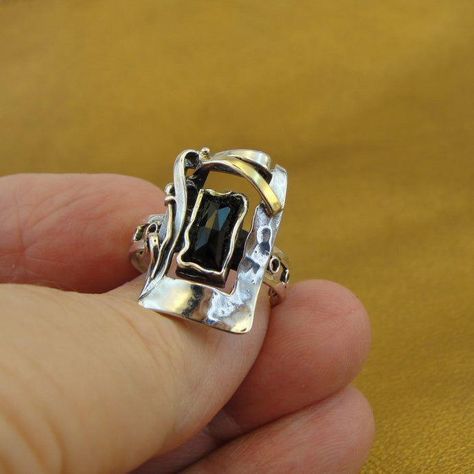 Hadar Designers Black Onyx Ring sz 6,7,8,9,10 Handmade 9k Gold 925 Silver (MS) y