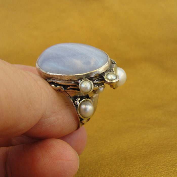 Hadar Designers Lace Agate Pearl Ring Handmade 925 Silver sz 7,7.5,8,9 (H 102b)Y