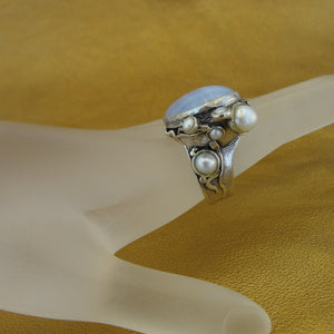 Hadar Designers Lace Agate Pearl Ring Handmade 925 Silver sz 7,7.5,8,9 (H 102b)Y