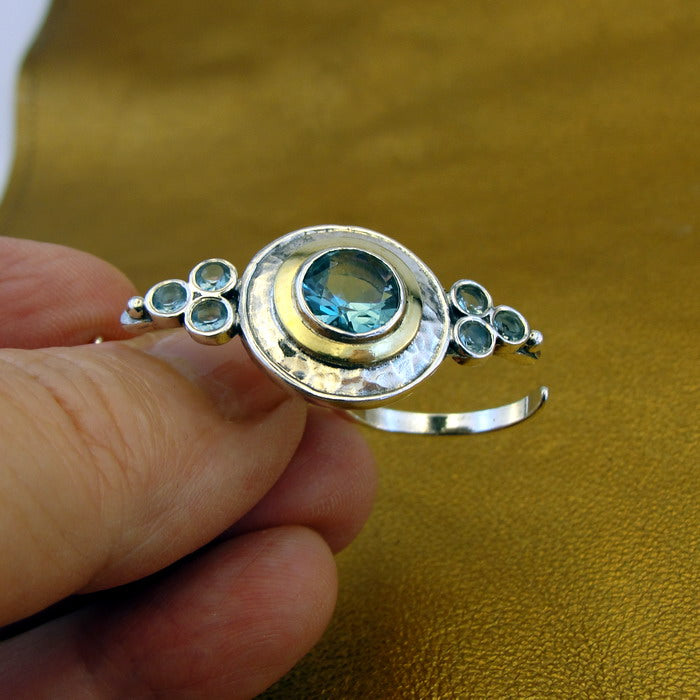 Hadar Designers Yellow Gold 925 Silver Blue Topaz 2 Finger Ring sz 6.5,7,7.5 (m)