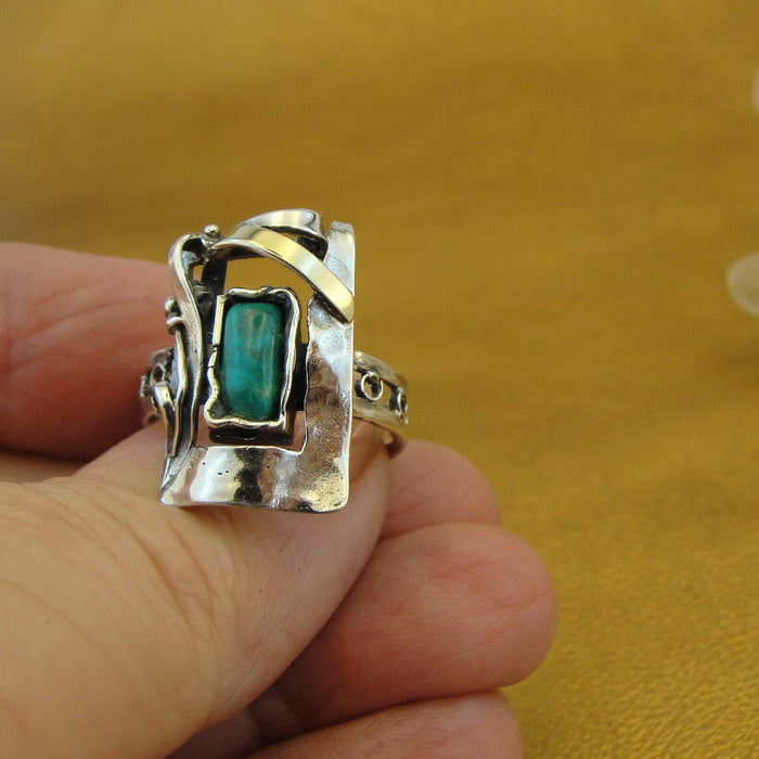 Hadar Designers Turquoise Ring sz 7,7.5,8,9,10 Handmade 9k Gold 925 Silver (MS)y