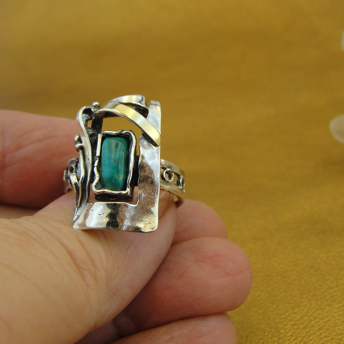 Turquoise Ring sz 7,7.5,8,9,10 Handmade 9k Gold 925 Silver Hadar Designers (MS)y