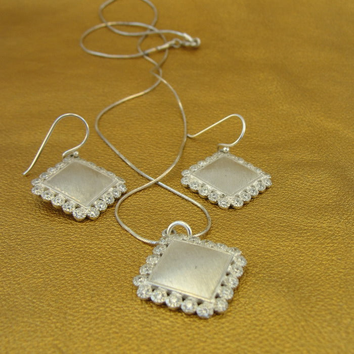 Hadar Designers Handmade Brushed 925 Silver Zircon Pendant Earrings Set () SALE