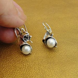 Hadar Designers 9k Yellow Gold 925 Silver Pearl Pendat Earrings Set Handmade (MS