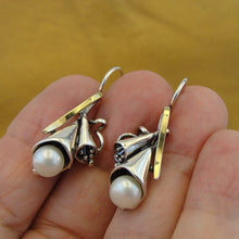 Load image into Gallery viewer, Hadar Designers 9k Yellow Gold 925 Silver White Pearl Earrings Handmade (MS)Y**