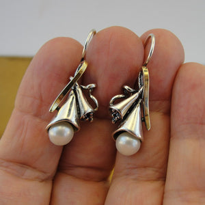 Hadar Designers 9k Yellow Gold 925 Silver White Pearl Earrings Handmade (MS)Y**